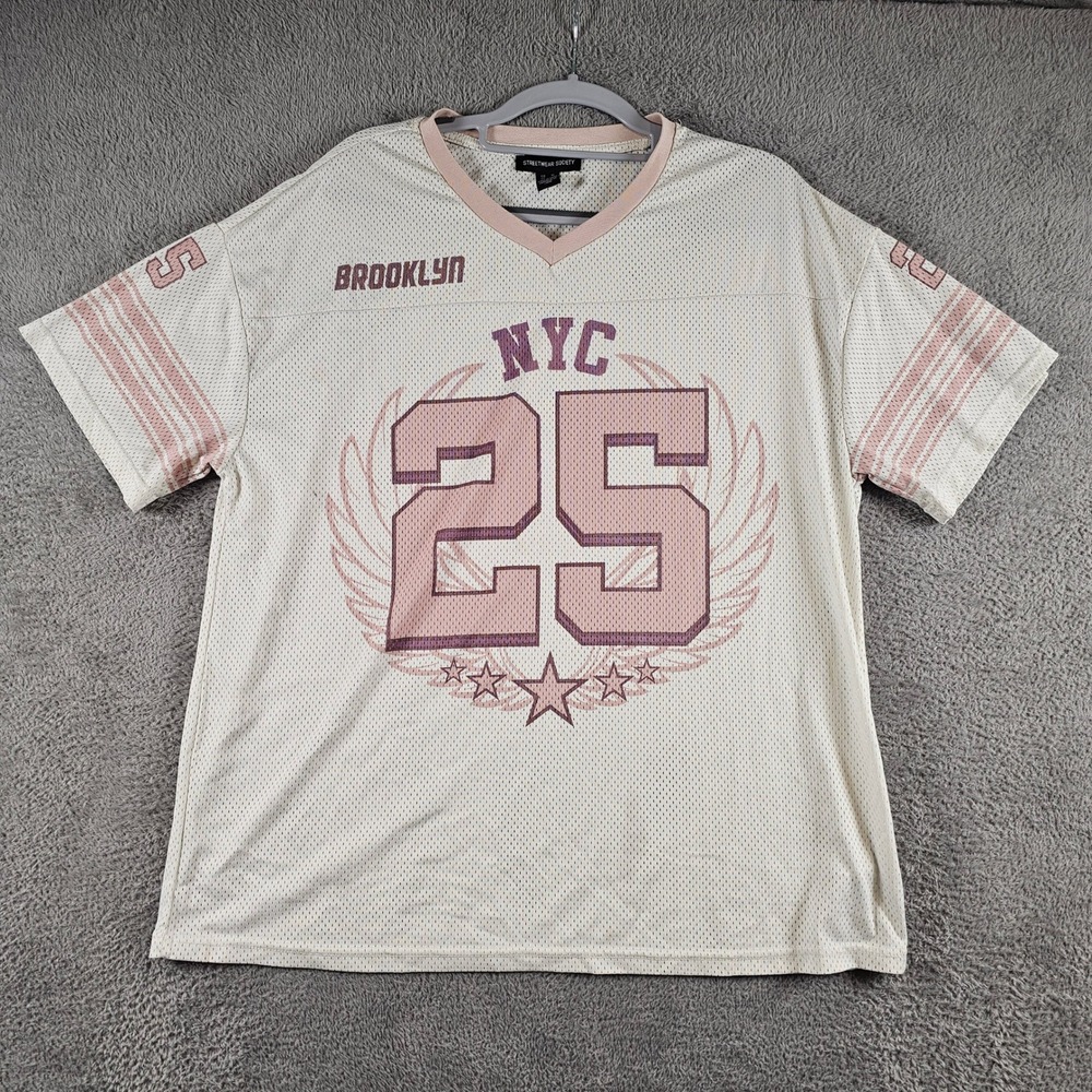 Streetwear Society NYC 25 Mesh Jersey Top White Pink V-Neck Brooklyn M